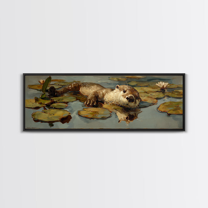 Playful Otter Floating Among Lily Pads Framed Canvas Print, Animal Art, Wall Art, Living Room Decor, Fine Art, Creature, ANI-3x1-72