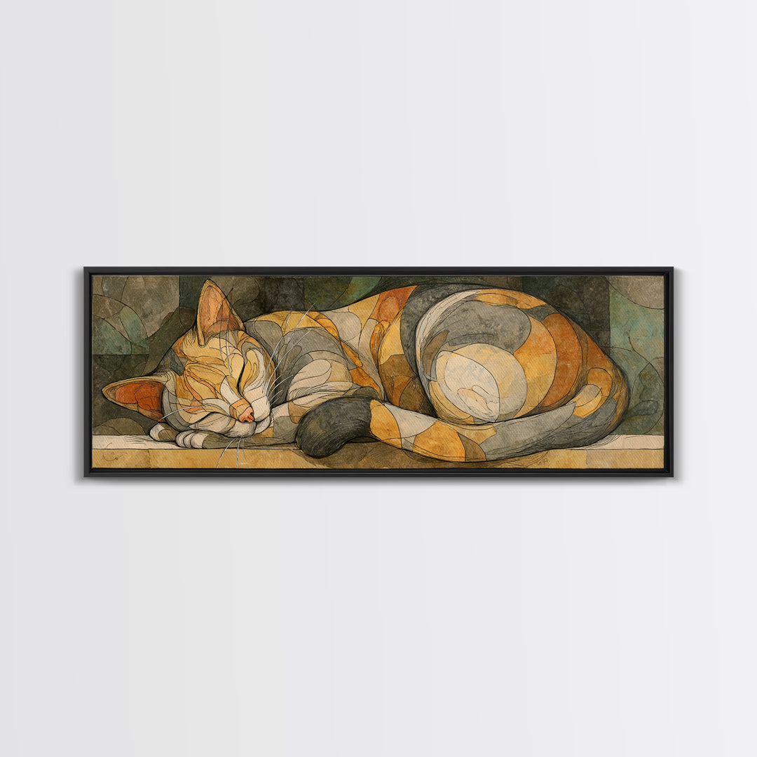Sleeping Cat Curled Canvas Print, Animal Art, Home Decor, Living Room Decor, Fine Art, Creature, Art Deco, Original Art, ANI-3x1-76