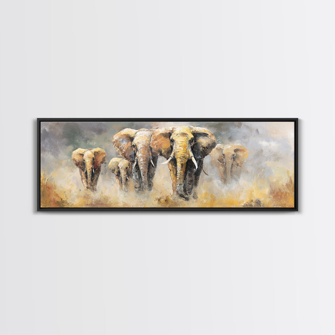 Elephant Family Walking Through Dusty Golden Light Canvas Print, Animal Art, Art, Living Room Decor, Fine Art, Creature, ANI-3x1-78