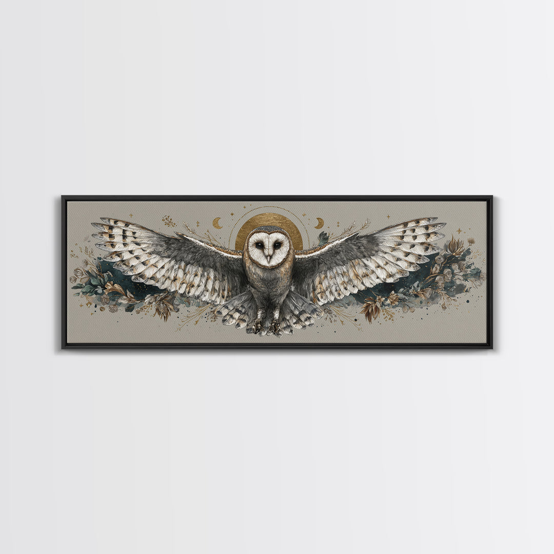 Owl with Moonlit Feathers and Celestial Accents Framed Canvas Print, Animal Art, Oil Painting, Living Room Decor, Creature, ANI-3x1-79