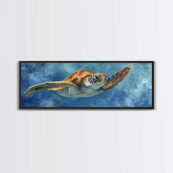 Sea Turtle Drifting Through Luminous Blue Water Framed Canvas Print, Animal Art, Nursery Decor, Living Room Decor, Creature, ANI-3x1-82