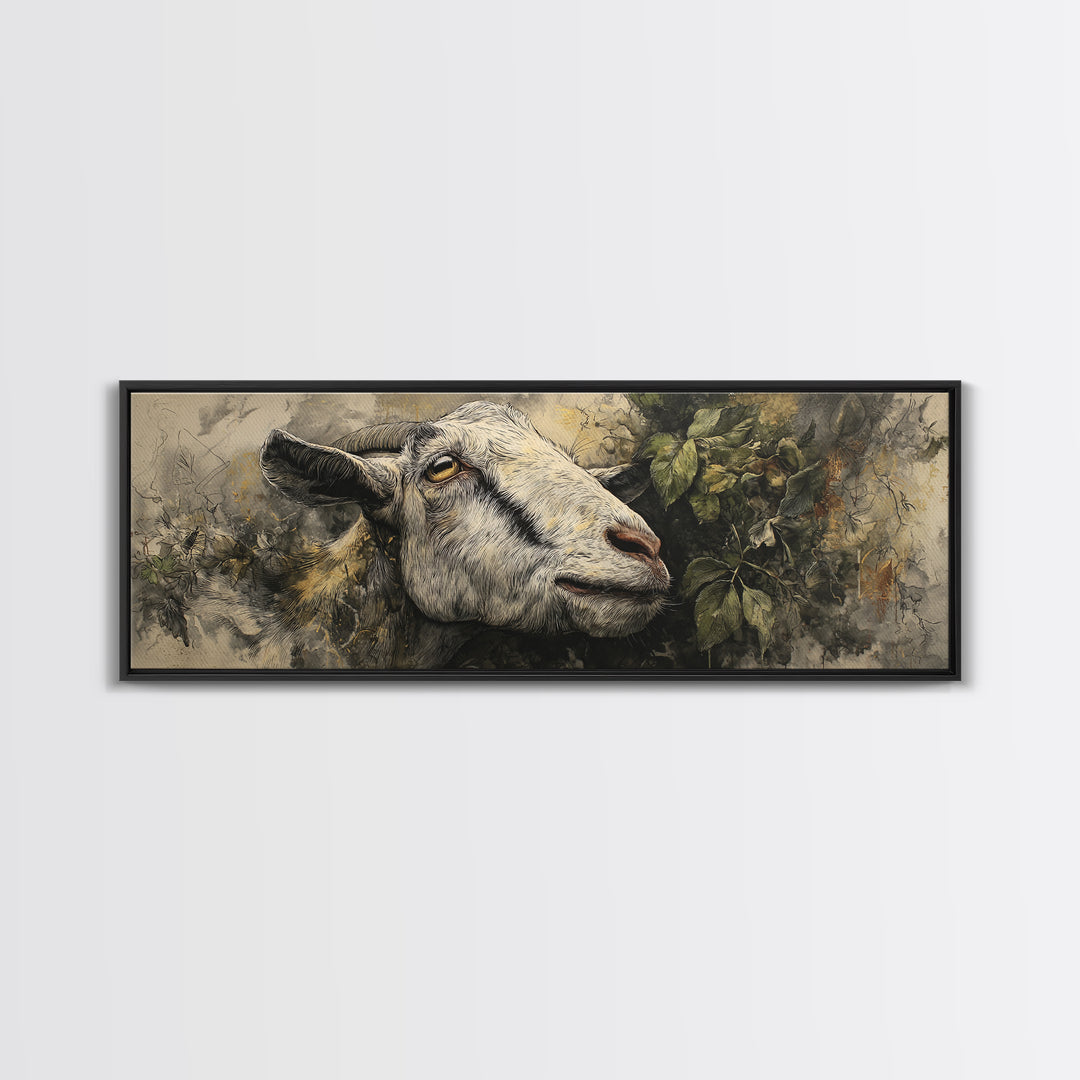 Goat Portrait with Rustic Folk Art Personality Canvas Print, Animal Art, Boho Wall Art, Living Room Decor, Oil Painting, ANI-3x1-85