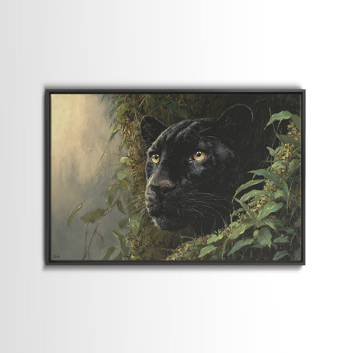 Dramatic Black Panther Emerging from Deep Jungle Canvas Print, Animal Art, Digital Wall Art, Living Room Decor, Creature, ANI-3x2-10