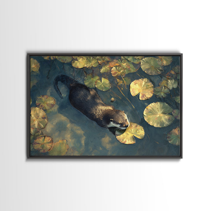 Playful Otter Floating Among Lily Pads Canvas Print, Animal Art, Nursery Decor, Living Room Decor, Fine Art, Creature, ANI-3x2-12