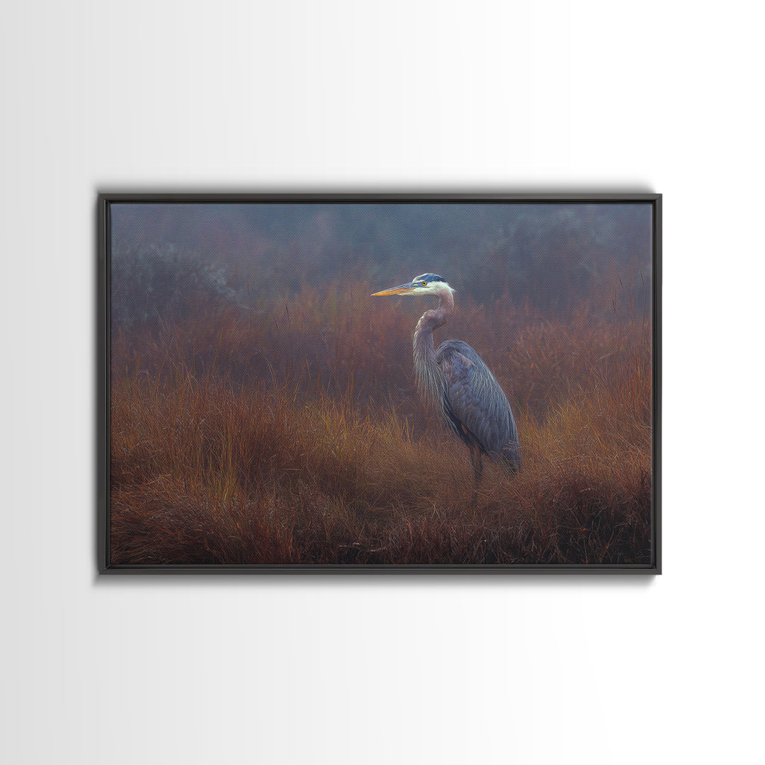 Blue Heron Standing Framed Canvas Print, Animal Art, Printable Wall Art, Living Room Decor, Fine Art, Creature, Boho Wall Art, ANI-3x2-15