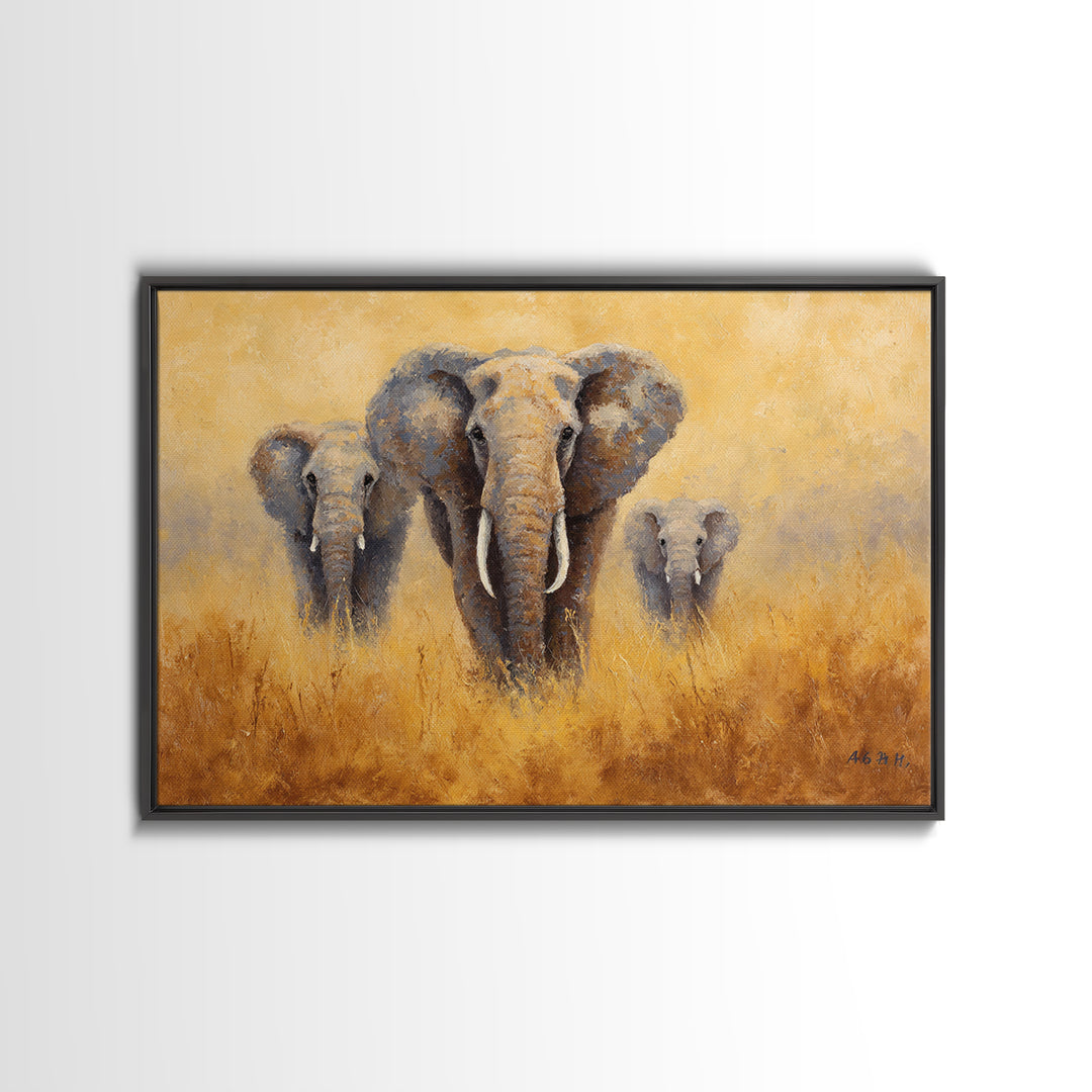 Elephant Family Walking Through Dusty Golden Light Framed Canvas Print, Animal Art, Printable, Living Room Decor, Creature, ANI-3x2-18