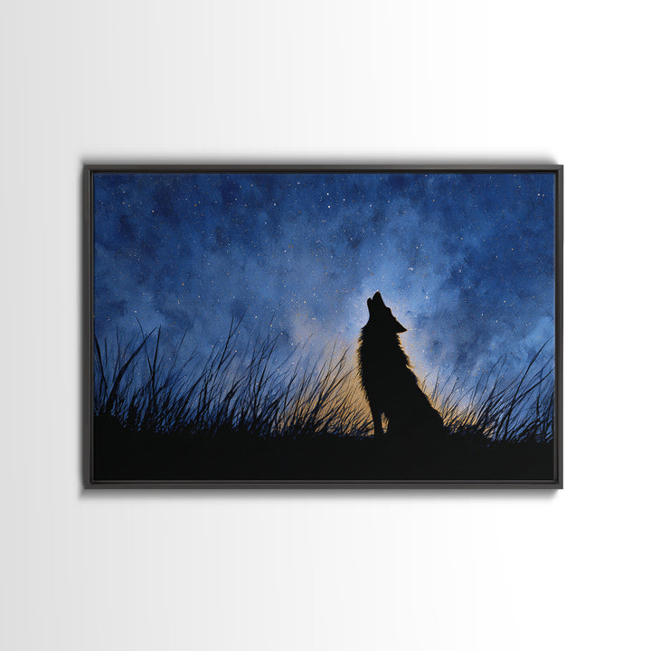 Wolf Silhouette Beneath a Star Filled Sky Framed Canvas Print, Animal Art, Decor, Living Room Decor, Fine Art, Creature, ANI-3x2-2