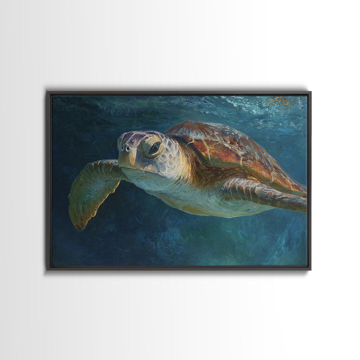 Sea Turtle Drifting Through Luminous Blue Water Canvas Print, Animal Art, Living Room Decor, Oil Painting, Creature, ANI-3x2-22