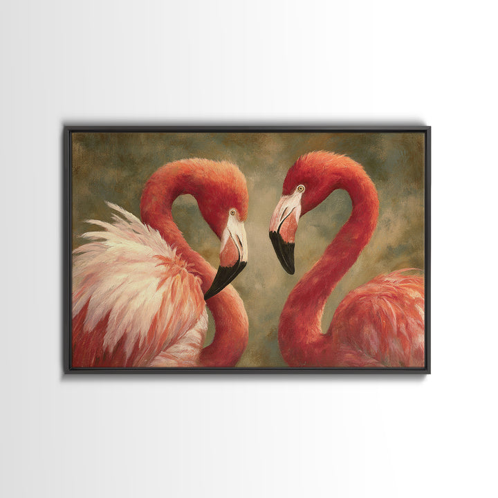 Flamingo Pair in Elegant Coral and Cream Framed Canvas Print, Animal Art, Digital Print, Living Room Decor, Fine Art, Creature, ANI-3x2-23