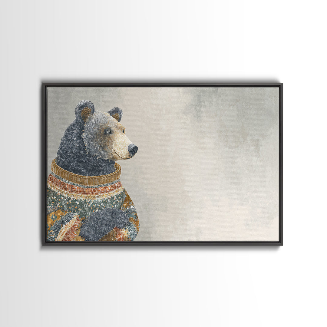 Whimsical Bear in a Patterned Sweater with Canvas Print, Animal Art, Digital Print, Living Room Decor, Fine Art, Creature, ANI-3x2-30