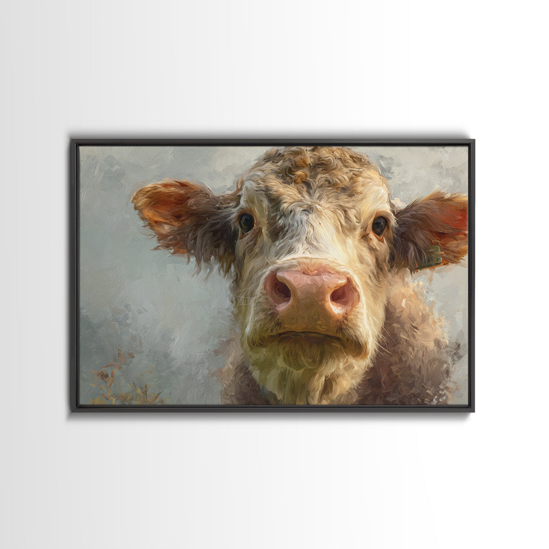 Gentle Cow Portrait Framed Canvas Print, Animal Art, Safari Nursery Decor, Living Room Decor, Oil Painting, Creature, ANI-3x2-35