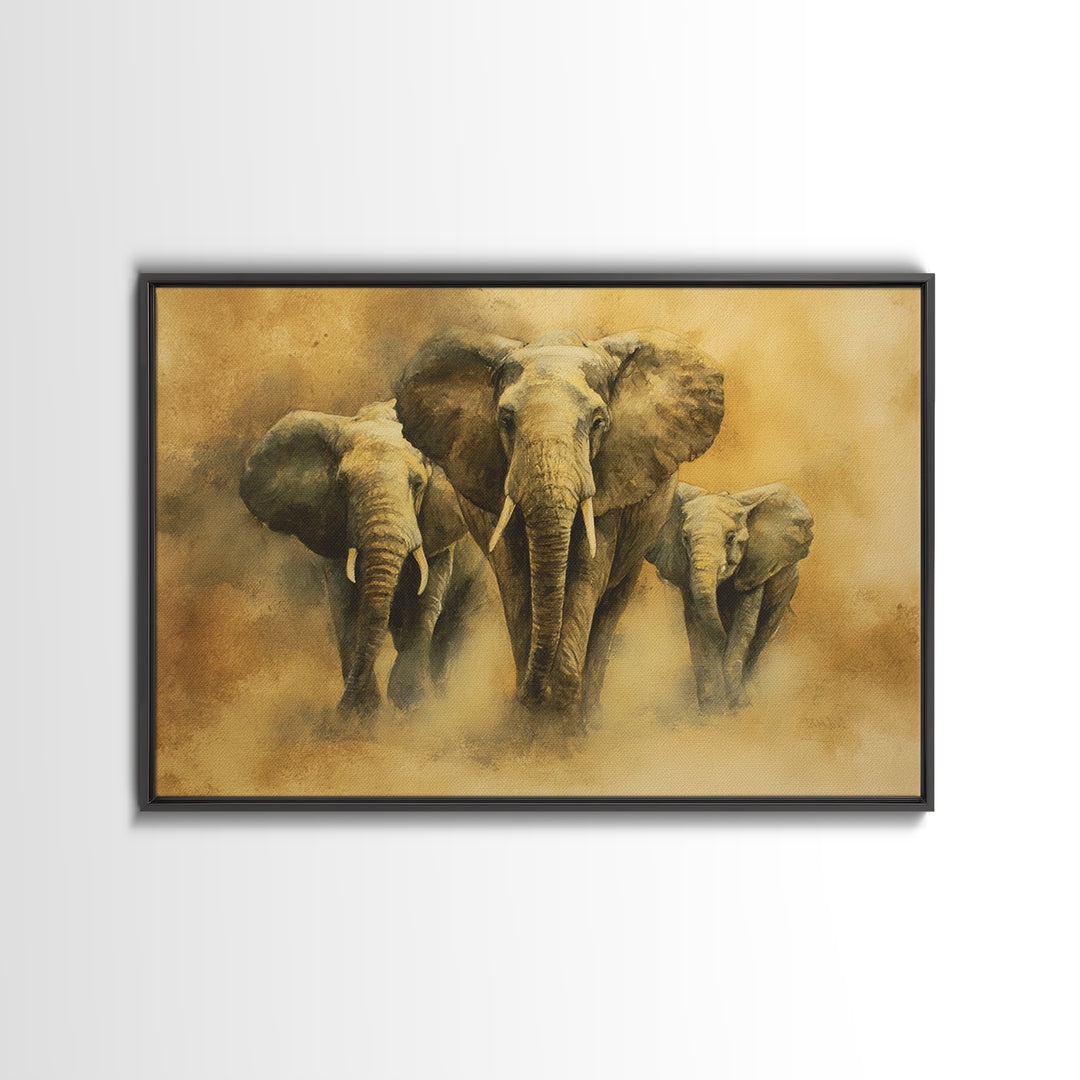 Elephant Family Walking Through Dusty Golden Light Canvas Print, Animal Art, Art Deco, Living Room Decor, Fine Art, Creature, ANI-3x2-42