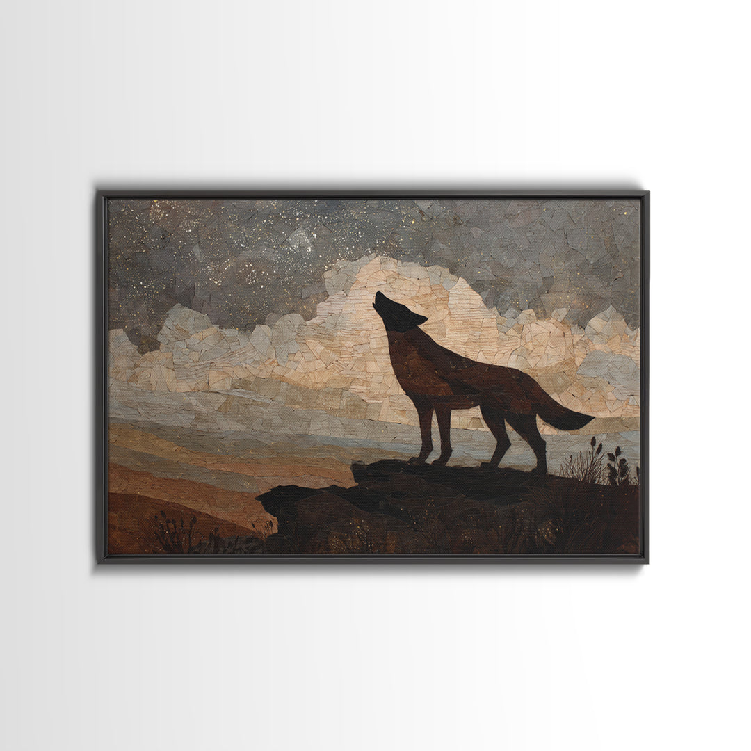 Wolf Silhouette Beneath a Star Filled Sky Framed Canvas Print, Animal Art, Nursery Wall Art, Living Room Decor, Oil Painting, ANI-3x2-50