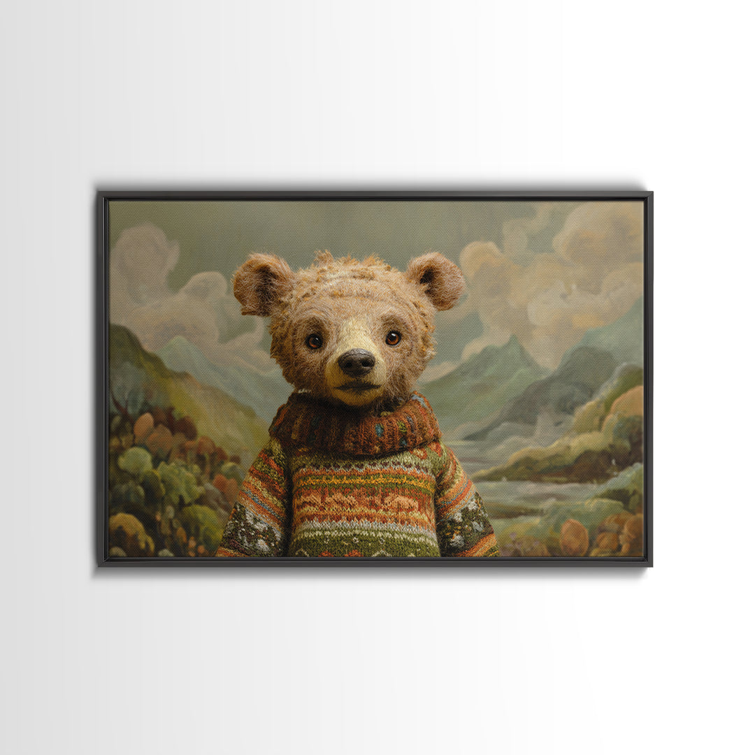 Whimsical Bear in a Patterned Sweater with Canvas Print, Animal Art, Digital Print, Living Room Decor, Fine Art, Creature, ANI-3x2-54
