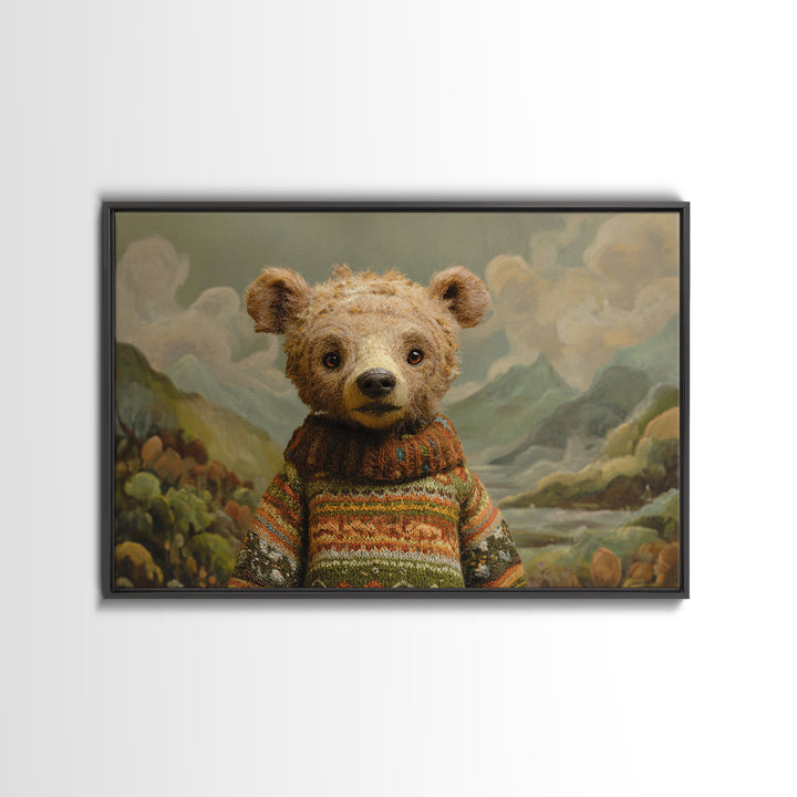 Whimsical Bear in a Patterned Sweater with Canvas Print, Animal Art, Digital Print, Living Room Decor, Fine Art, Creature, ANI-3x2-54
