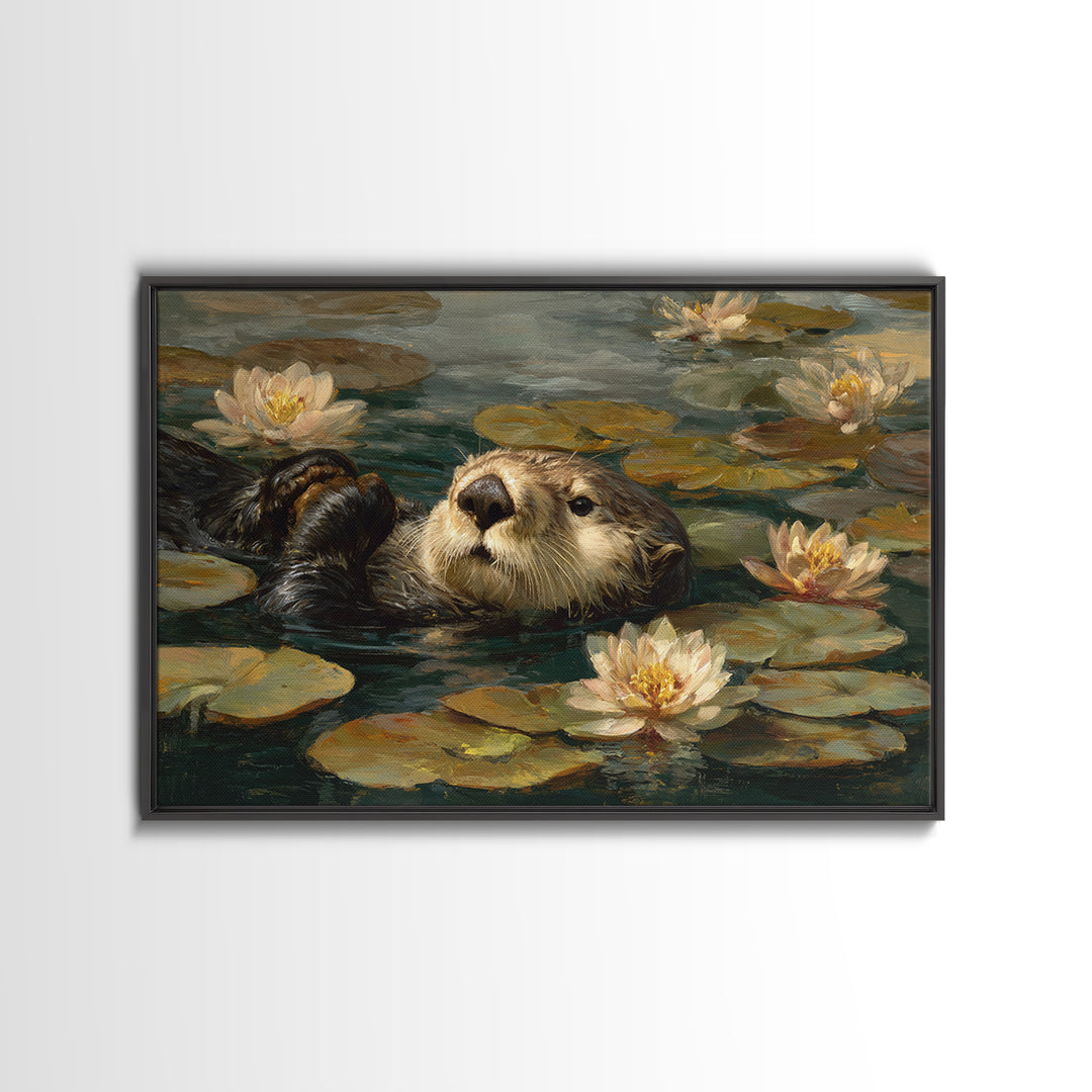 Playful Otter Floating Among Lily Pads Framed Canvas Print, Animal Art, Downloadable Art, Living Room Decor, Fine Art, Creature, ANI-3x2-60