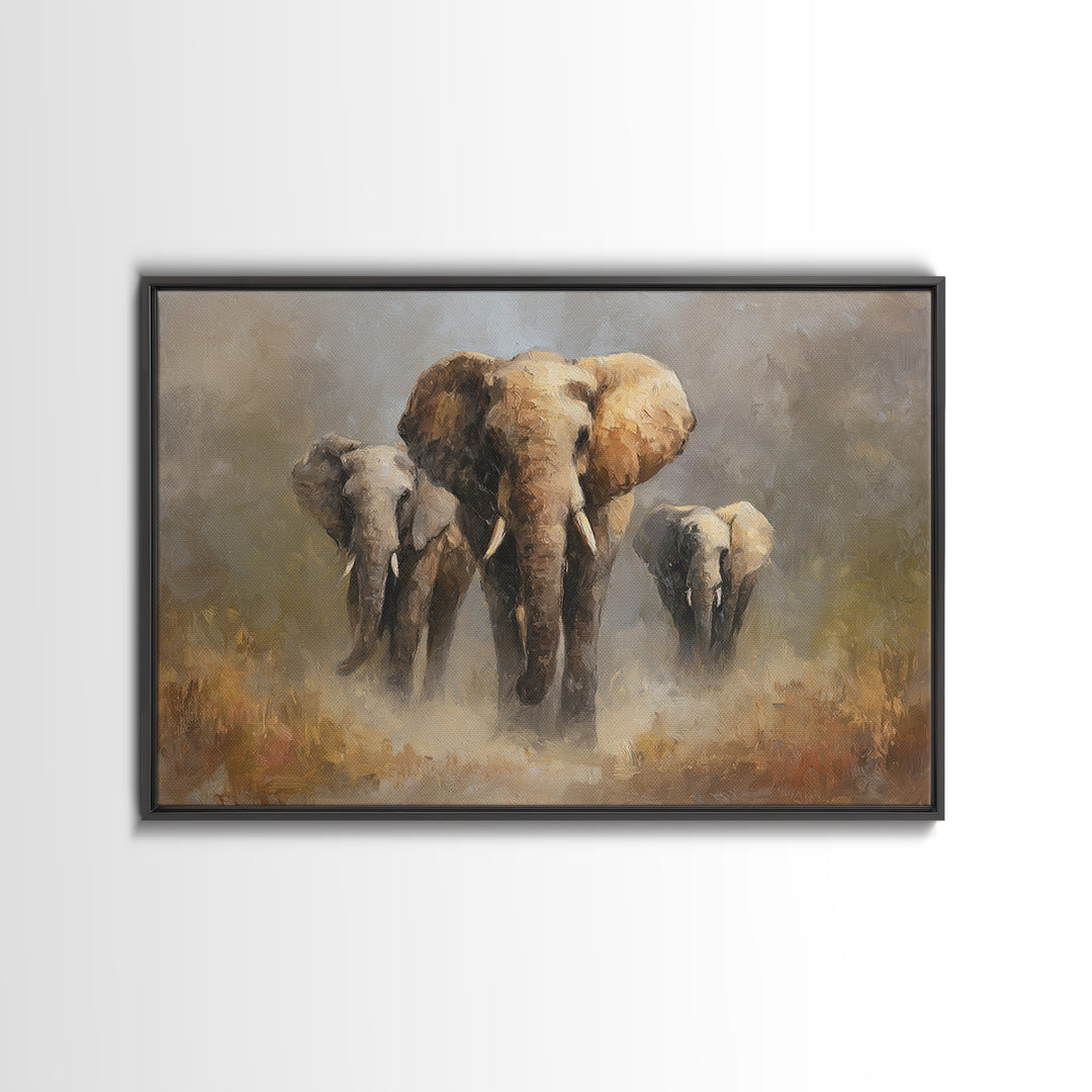 Elephant Family Walking Through Dusty Golden Light Canvas Print, Animal Art, Art Deco, Living Room Decor, Fine Art, Creature, ANI-3x2-66