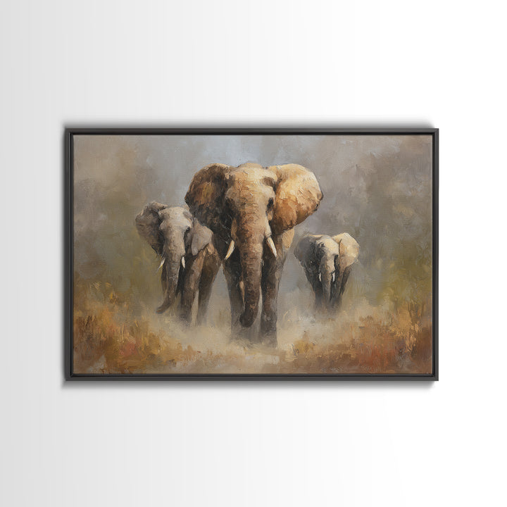 Elephant Family Walking Through Dusty Golden Light Canvas Print, Animal Art, Art Deco, Living Room Decor, Fine Art, Creature, ANI-3x2-66