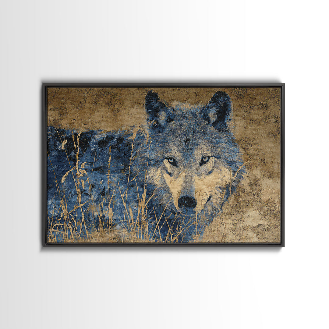Wolf Silhouette Beneath a Star Filled Sky Framed Canvas Print, Animal Art, Nursery Wall Art, Living Room Decor, Oil Painting, ANI-3x2-74