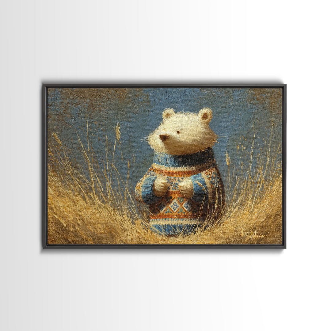 Whimsical Bear in a Patterned Sweater with Framed Canvas Print, Animal Art, Boho Wall Art, Living Room Decor, Creature, ANI-3x2-78