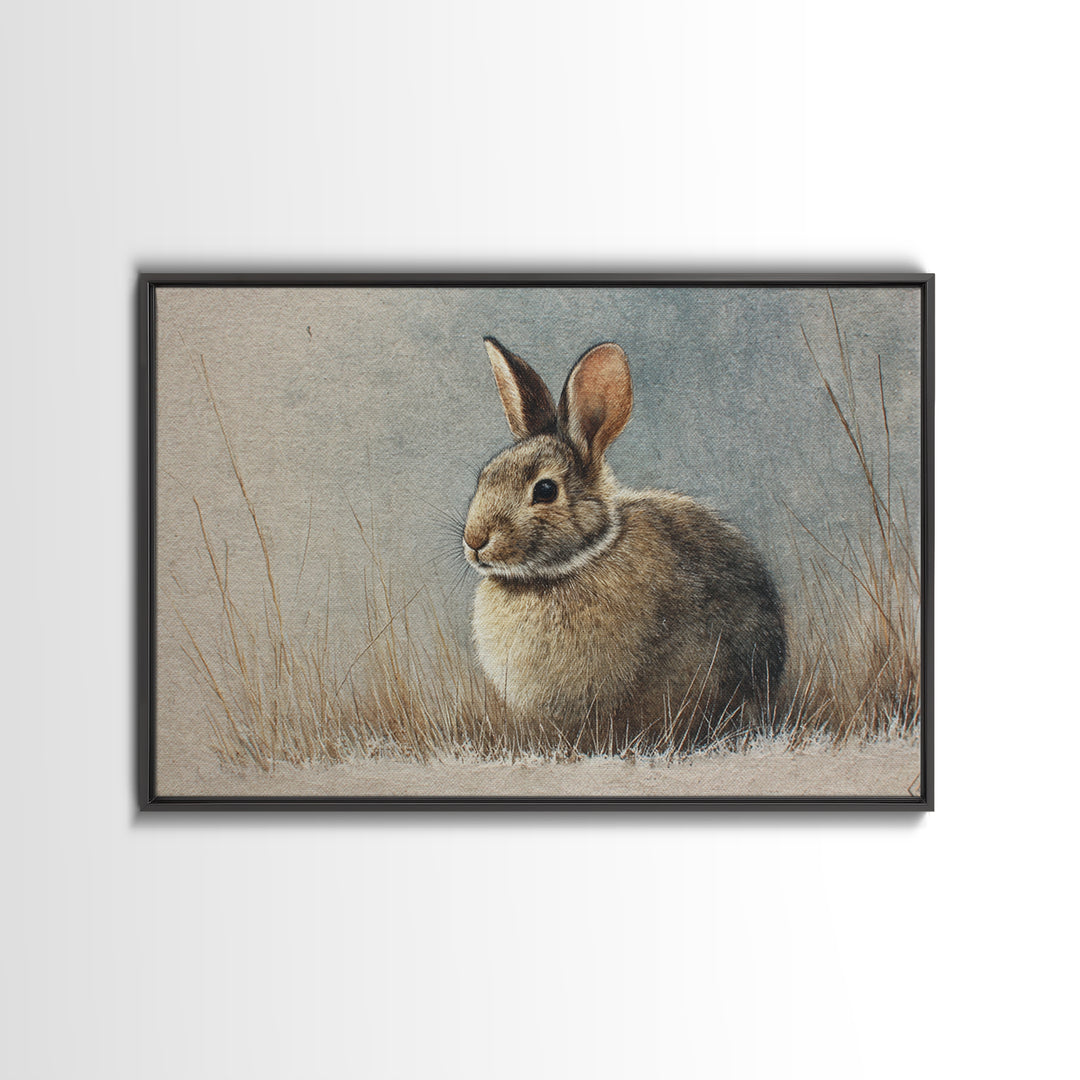 Curious Rabbit in a Soft Watercolor Meadow Framed Canvas Print, Animal Art, Cat Art, Living Room Decor, Fine Art, Creature, ANI-3x2-81