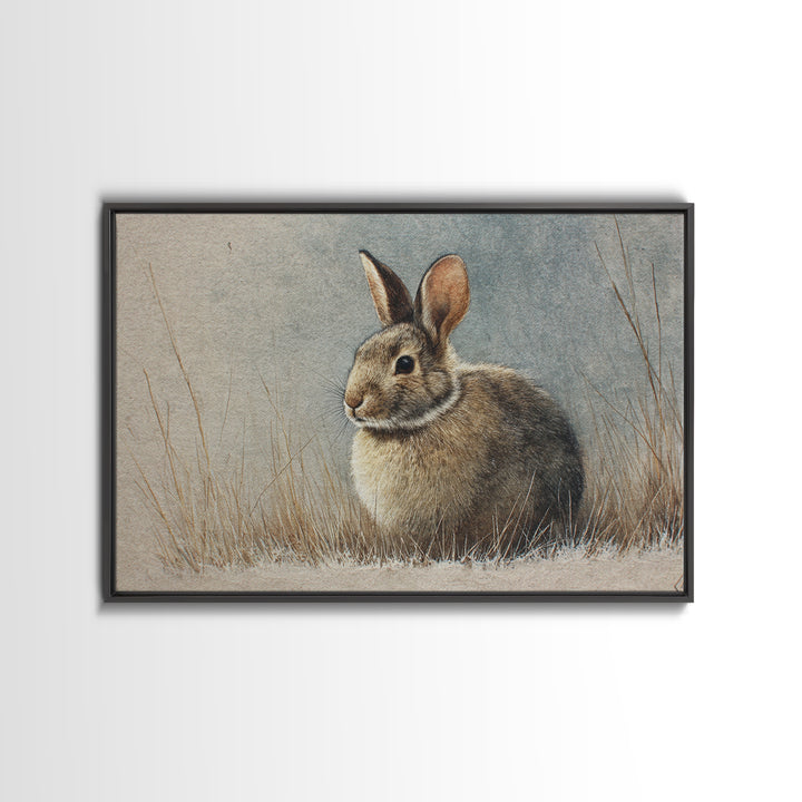 Curious Rabbit in a Soft Watercolor Meadow Framed Canvas Print, Animal Art, Cat Art, Living Room Decor, Fine Art, Creature, ANI-3x2-81