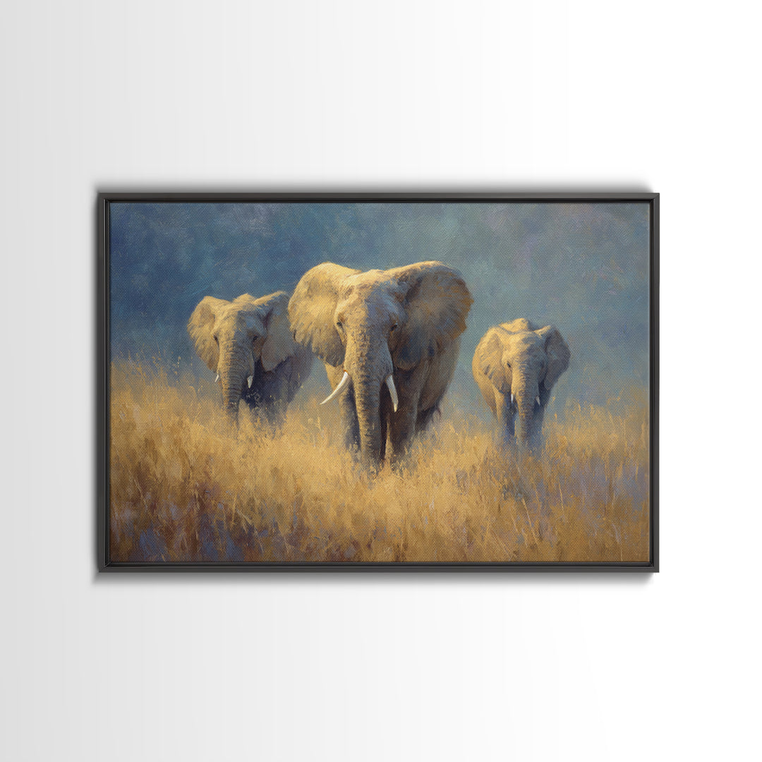 Elephant Family Walking Through Dusty Golden Light Canvas Print, Animal Art, Farmhouse Decor, Living Room Decor, Creature, ANI-3x2-90
