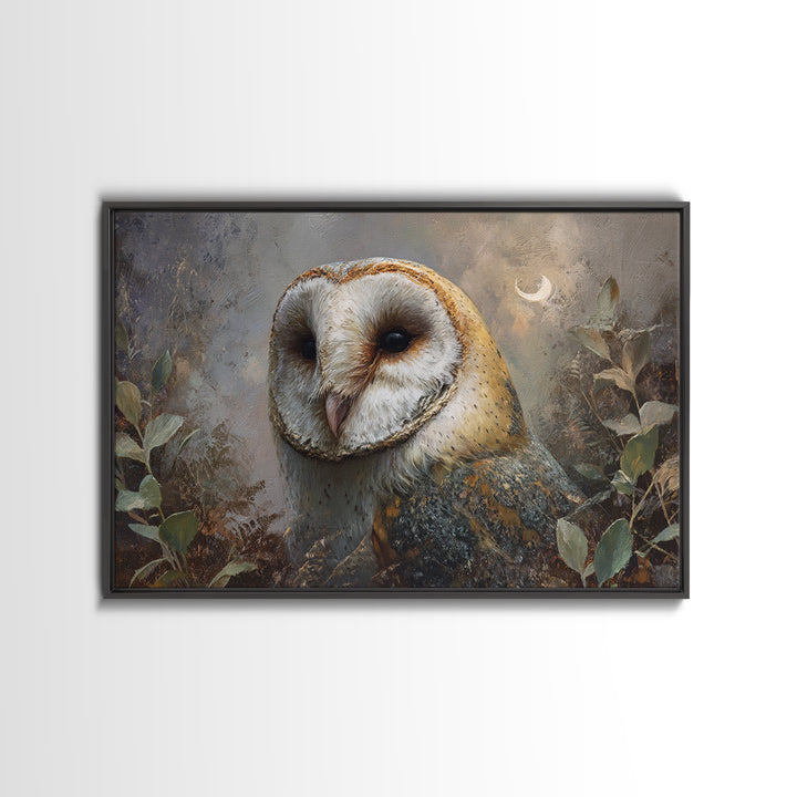 Owl with Moonlit Feathers and Celestial Accents Framed Canvas Print, Animal Art, Art, Living Room Decor, Oil Painting, Creature, ANI-3x2-91