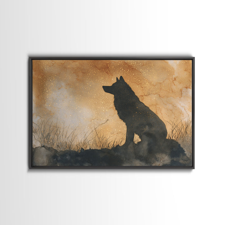 Wolf Silhouette Beneath a Star Filled Sky Canvas Print, Animal Art, Living Room Decor, Fine Art, Creature, Fine Art Print, ANI-3x2-98