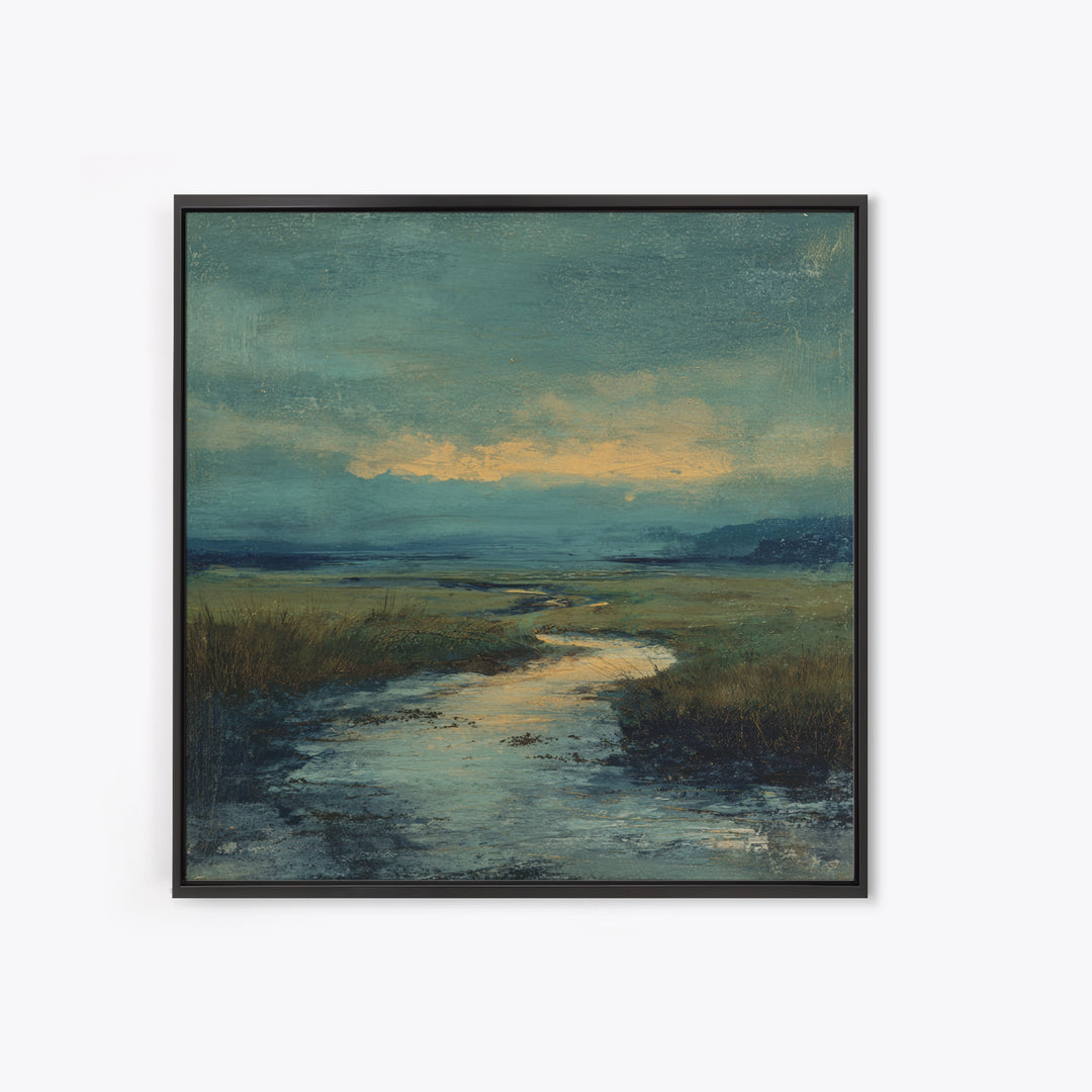 Classic Landscape with Winding River and Atmospheric Framed Canvas Print, Art, Art Nouveau, Living Room Decor, Oil Painting, ART-1x1-27