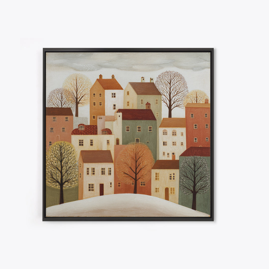 Naive Folk Art Village Framed Canvas Print, Art, Large Wall Art, Living Room Decor, Fine Art, Prints Wall Art, ART-1x1-44