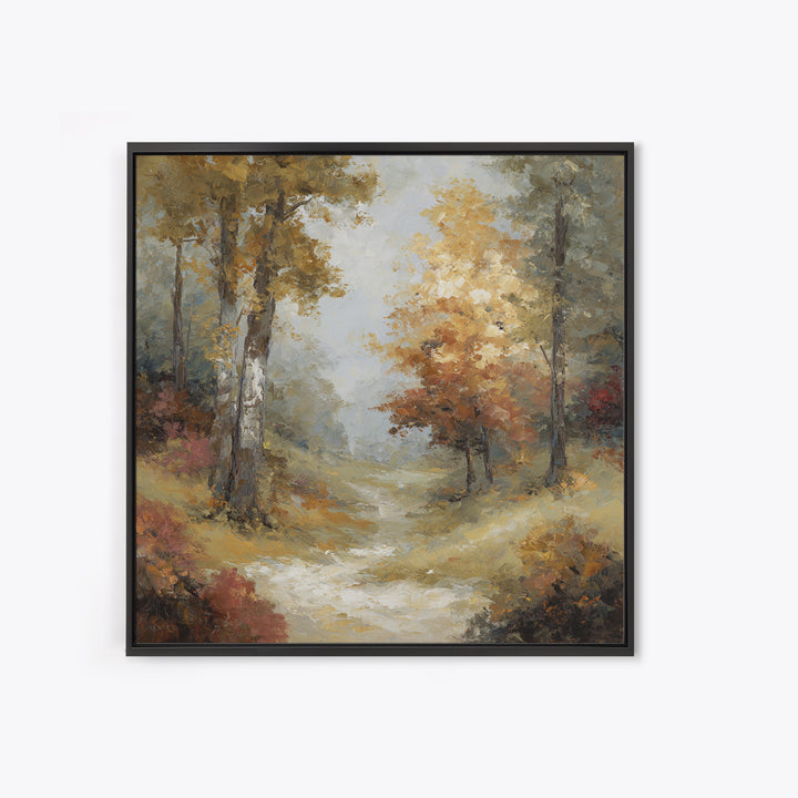 Woodland Path with Golden Autumn Atmosphere Framed Canvas Print, Art, Original Art, Living Room Decor, Fine Art, ART-1x1-47