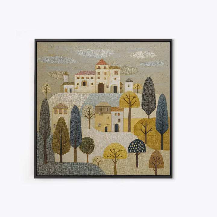 Naive Folk Art Village Framed Canvas Print, Art, Wood Wall Art, Living Room Decor, Fine Art, Modern Decor, Fine Art Print, ART-1x1-68