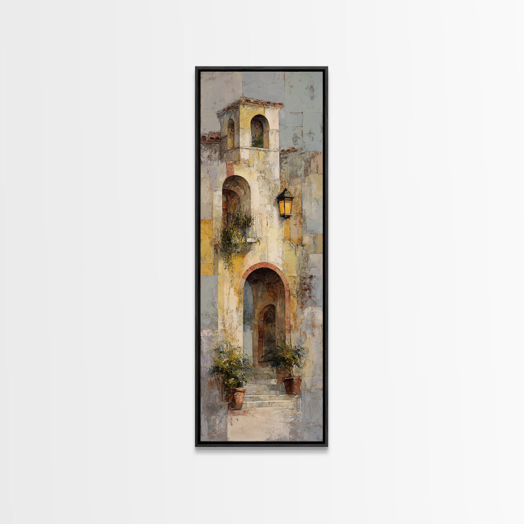 Architectural Archway in Warm Mediterranean Light Framed Canvas Print, Art, Black Art, Living Room Decor, Watercolor Art, ART-1x3-58