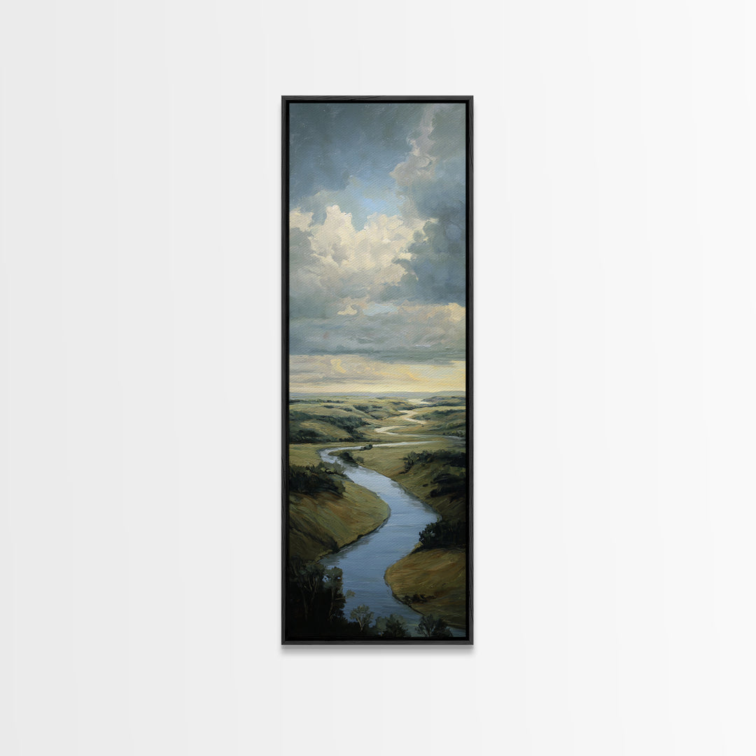 Classic Landscape with Winding River and Atmospheric Framed Canvas Print, Art, Art Nouveau, Living Room Decor, Watercolor Art, ART-1x3-87