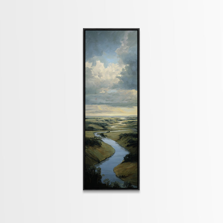 Classic Landscape with Winding River and Atmospheric Framed Canvas Print, Art, Art Nouveau, Living Room Decor, Watercolor Art, ART-1x3-87
