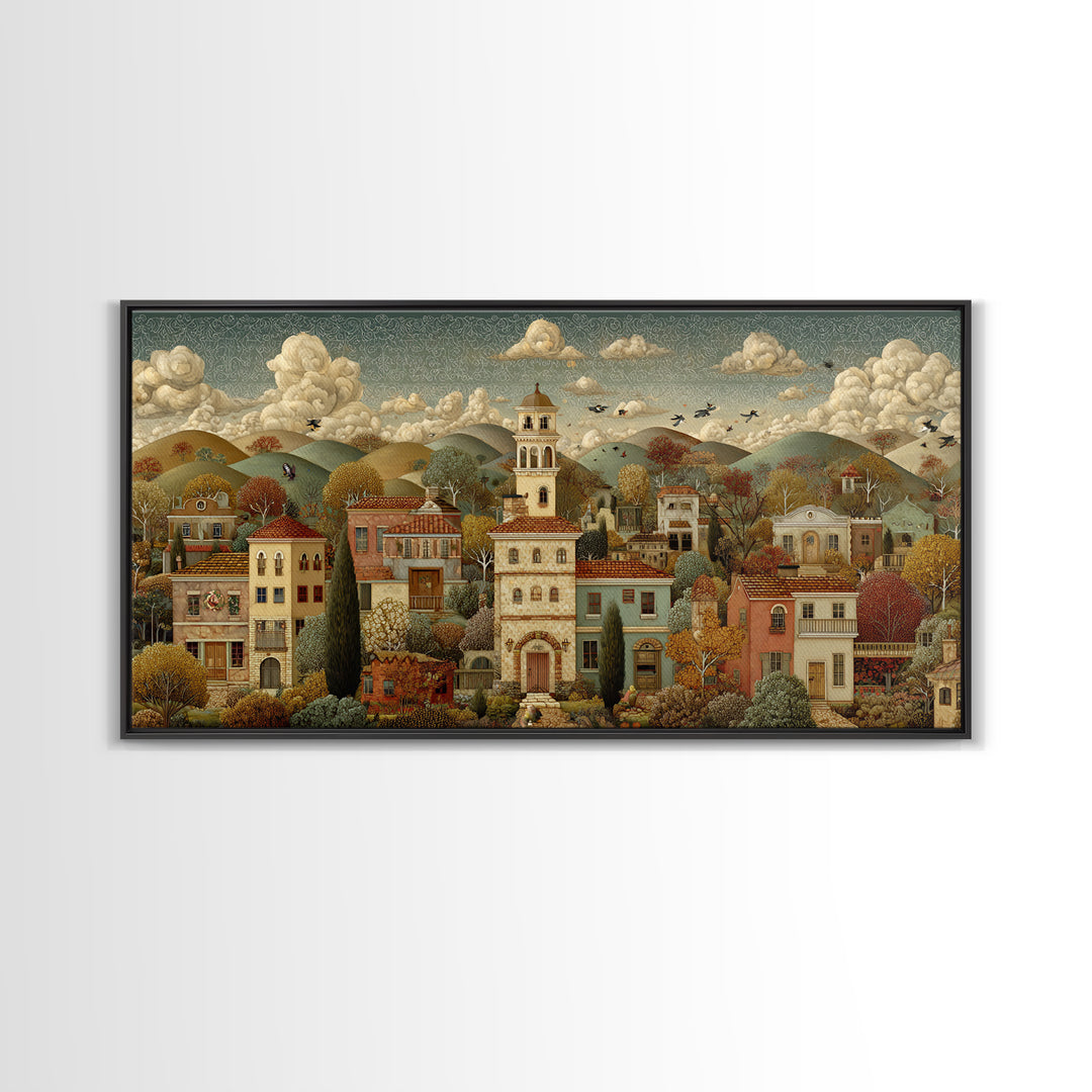 Naive Folk Art Village Framed Canvas Print, Art, Neutral Decor, Living Room Decor, Fine Art, Art Prints, Digital Art, ART-2x1-16