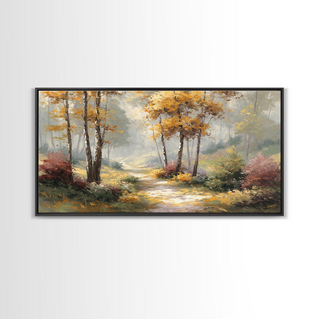 Woodland Path with Golden Autumn Atmosphere Framed Canvas Print, Art, Printable Art, Living Room Decor, Fine Art, ART-2x1-19