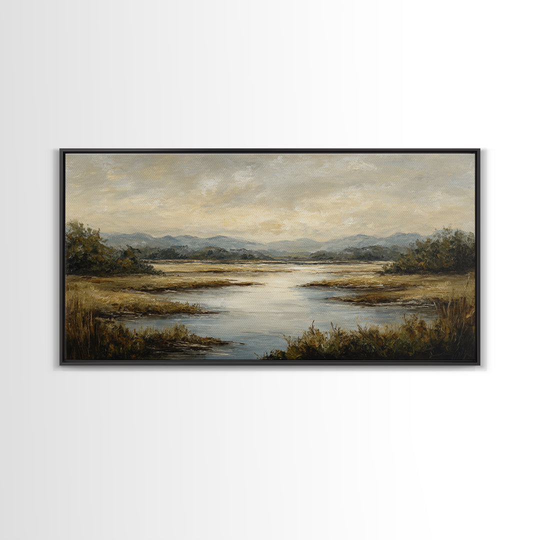 Classic Landscape with Winding River and Atmospheric Framed Canvas Print, Art, Art Print, Living Room Decor, Fine Art, ART-2x1-23