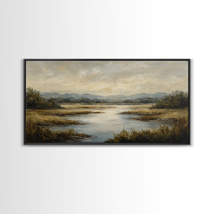 Classic Landscape with Winding River and Atmospheric Framed Canvas Print, Art, Art Print, Living Room Decor, Fine Art, ART-2x1-23