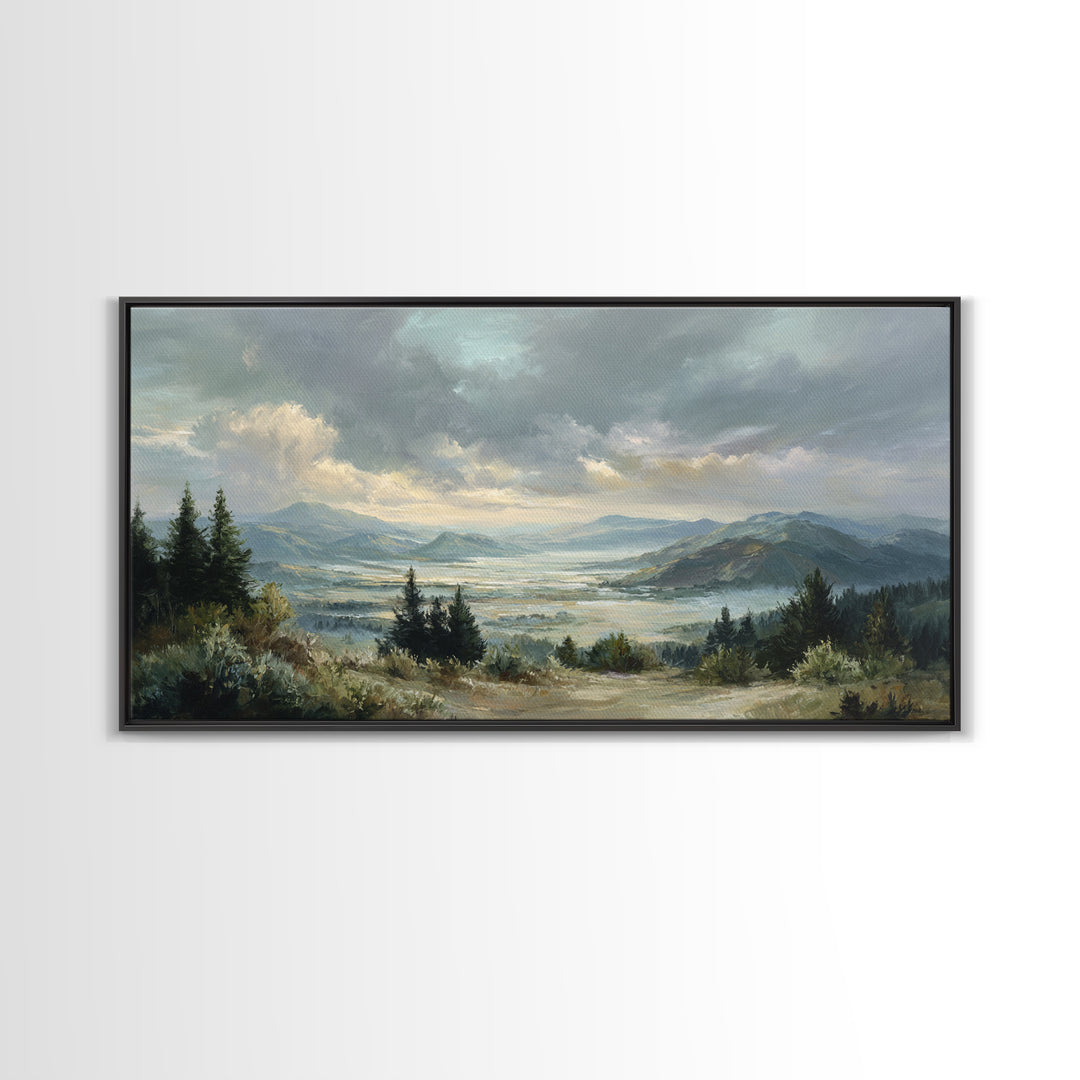 Quiet Mountain Scene Framed Canvas Print, Art, Statement Artwork, Living Room Decor, Fine Art, Digital Art, Printable Wall Art, ART-2x1-37