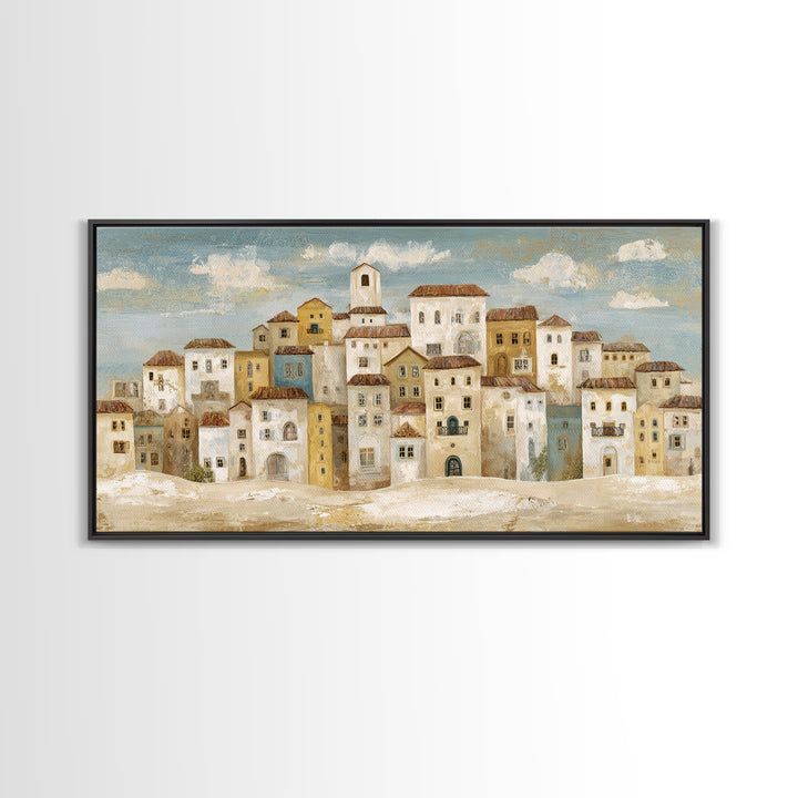 Naive Folk Art Village Framed Canvas Print, Art, Wall Art, Living Room Decor, Fine Art, Original Art, Art Nouveau, ART-2x1-40