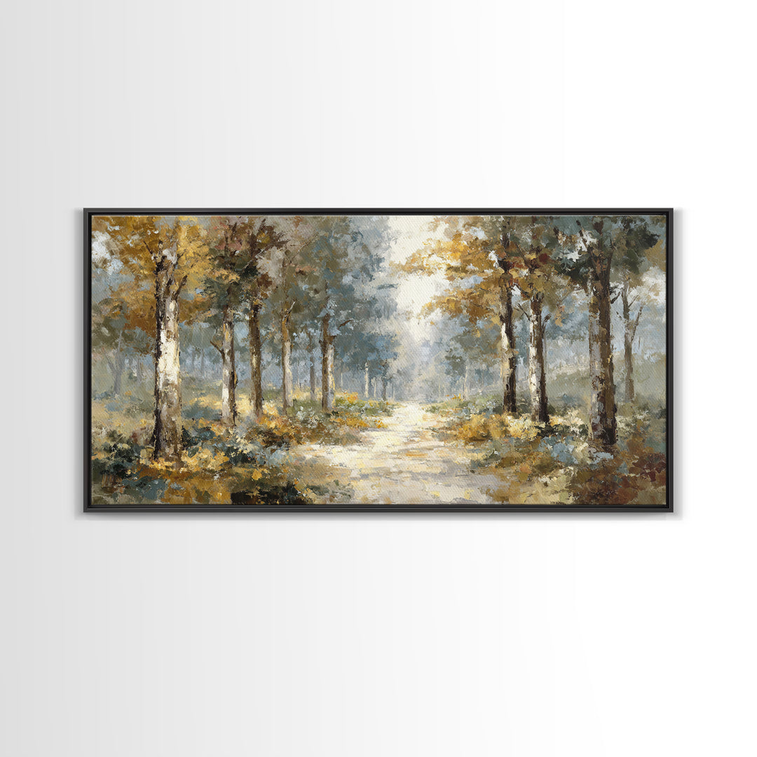 Woodland Path with Golden Autumn Atmosphere Framed Canvas Print, Art, Art Prints, Living Room Decor, Fine Art, ART-2x1-43