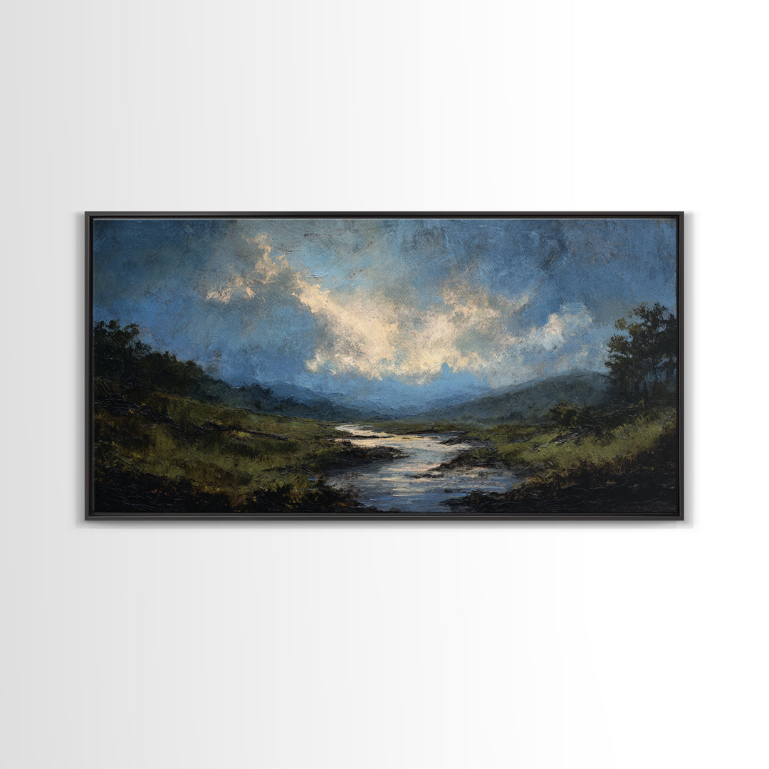 Classic Landscape with Winding River and Atmospheric Canvas Print, Art, Black Art, Living Room Decor, Fine Art, ART-2x1-71