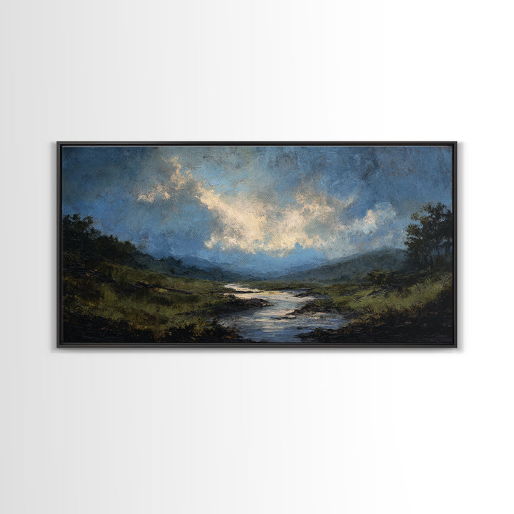 Classic Landscape with Winding River and Atmospheric Canvas Print, Art, Black Art, Living Room Decor, Fine Art, ART-2x1-71