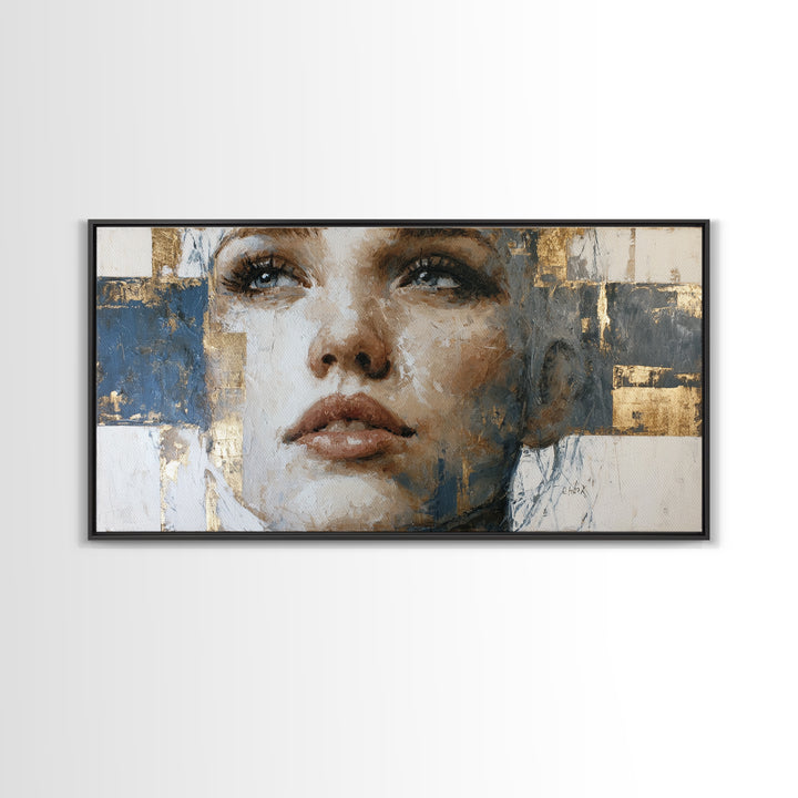 Expressive Portrait with Dramatic Light and Textured Framed Canvas Print, Art, Art Commission, Living Room Decor, Oil Painting, ART-2x1-72