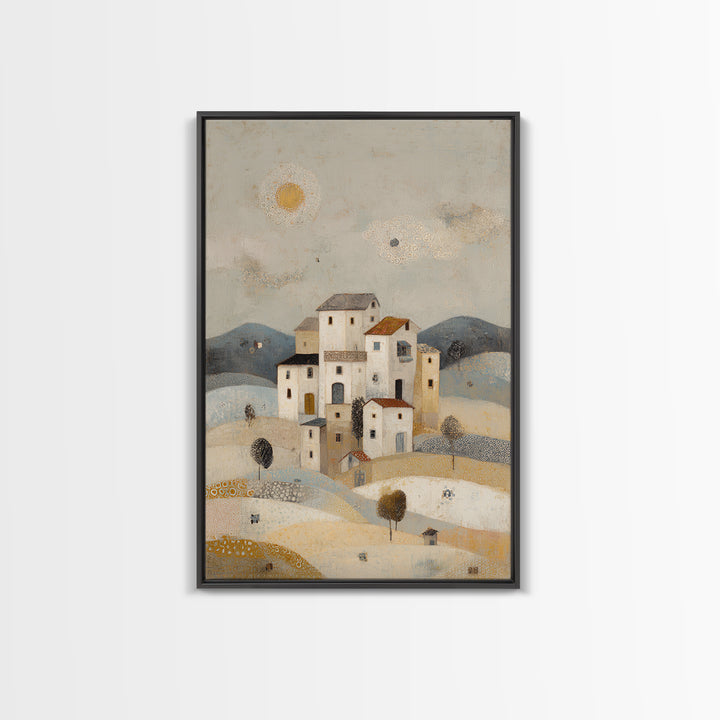 Naive Folk Art Village Framed Canvas Print, Art, Pink Wall Art, Living Room Decor, Fine Art, Textured Painting, ART-2x3-100