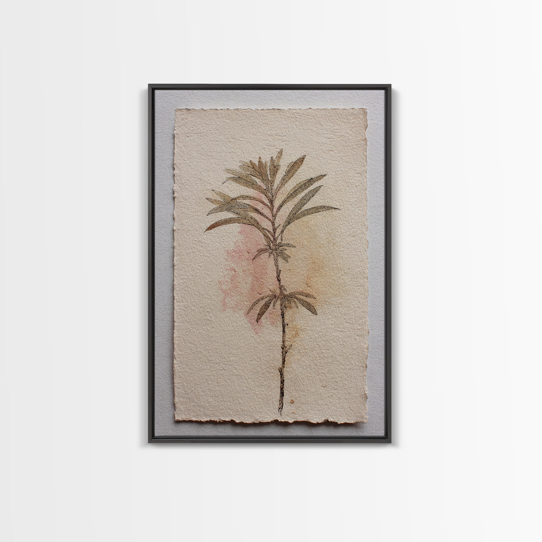 Minimal Botanical Ink Drawing on Handmade Paper Framed Canvas Print, Art, Room Decor, Living Room Decor, Fine Art, ART-2x3-13