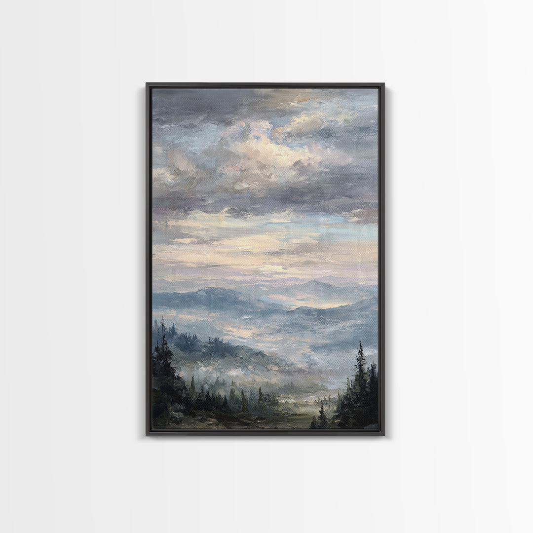 Quiet Mountain Scene Framed Canvas Print, Art, Boho Decor, Living Room Decor, Oil Painting, Printable Wall Art, ART-2x3-25
