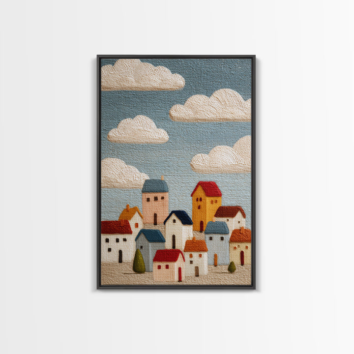 Naive Folk Art Village Framed Canvas Print, Art, Printable Wall Art, Living Room Decor, Fine Art, Canvas Art, ART-2x3-28